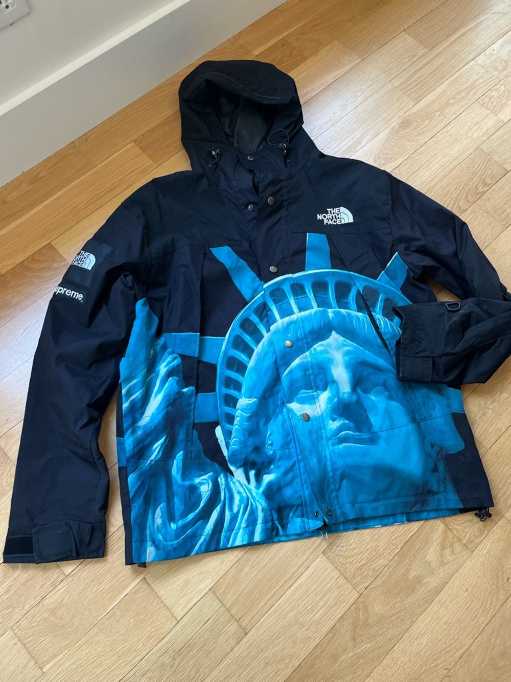 The North Face Black Jacket with Blue Statue of Liberty Graphic